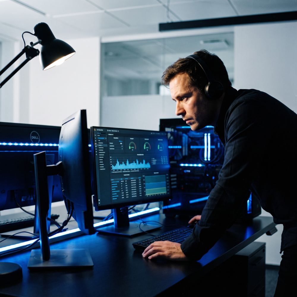 HitechIT technician monitoring network status dashboards